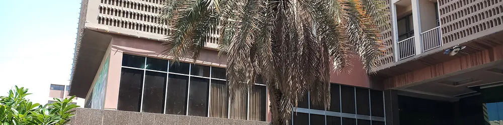 The hotel logo on the outside of the building
